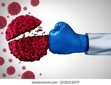 Fighting Cancer Fight as a medical concept with as a doctor with an awareness ribbon fighting a group of malignant cells as a health care metaphor for researching a cure with 3D illustration elements. - Powered by Shutterstock