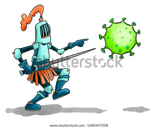 ウイルスと戦ってる 剣を持つ騎士がコロナを襲う 反撃しろ Covid 19による感染を防ぐ 家にいろ 安全を保て 接触を避ける 社会的距離 のイラスト素材