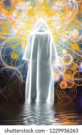 Figure In Bright White Cloak Stands On Water. 3D Rendering