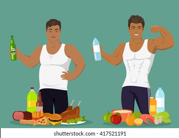 Figure of a man before and after weight loss, figure boy before and after, diet body man before and after  illustration. Fat man in front of fast food. Man with sports figure near healthy food