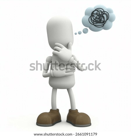 Figure in Thinking Pose: A cartoon figure is in a thinking pose with a scribbled thought bubble above its head. This represents deep thought, confusion, or brainstorming for new ideas.