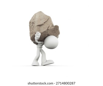 A figure is walking while carrying a large rock on its back. The scene shows a simple character focused on the task of moving the heavy object. This is a 3d render illustration