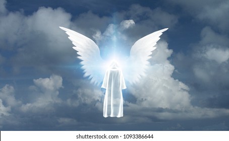 Figure in white cloak stands before winged star in cloudy sky. 3D rendering