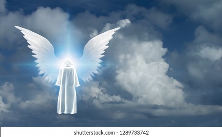 Figure in white cloak stands before winged star in cloudy sky. 3D rendering