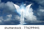 Figure in white cloak stands on water surface. Winged star in cloudy sky. 3D rendering