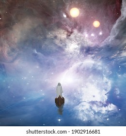 Figure In White Robe Floating In Space. 3D Rendering