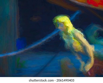 Figurehead Of Blonde Mermaid On Bow Of Make-believe Pirate Ship Tied Up In A Coastal Fishing Village In Florida. Digital Impasto Effect, 3D Rendering. For Nautical, Antique, Or Folkloric Motifs.