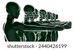 Figures arrayed in a cascade, each merging with the emblematic script and sword of Saudi Arabia