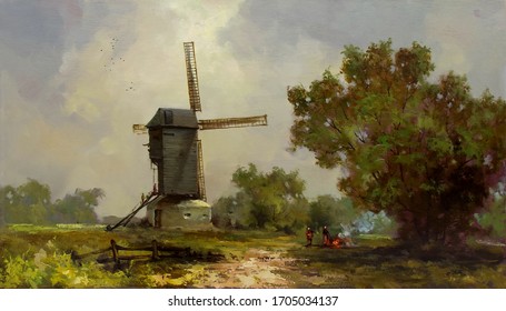 figures of people by the fire next to the mill and the tree,fine art, oil painting, windmill, landscape, sky, rural, nature