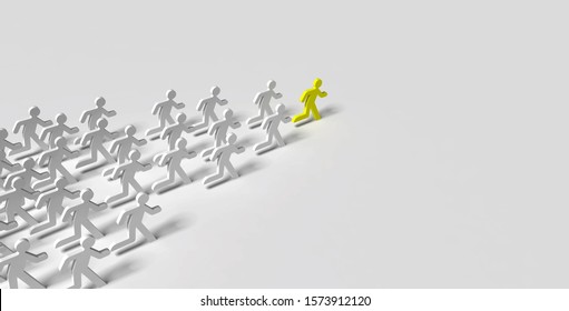 figures of people run in a crowd after the leader in yellow. follow me challenge concept. 3D rendering