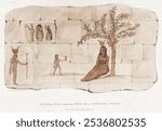 Figures taken from an ancient wall near the Temple at Offedina in Nubia illustration (1820). Vintage ancient Egyptian wall art drawing illustration, old ancient Egypt painting art print on wall.