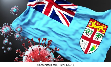 Fiji And The Covid Pandemic - Corona Virus Attacking National Flag Of Fiji To Symbolize The Fight, Struggle And The Virus Presence In This Country, 3d Illustration