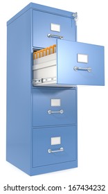 File Cabinet. Blue File Cabinet. Open Drawer With Files. Lock And Key.