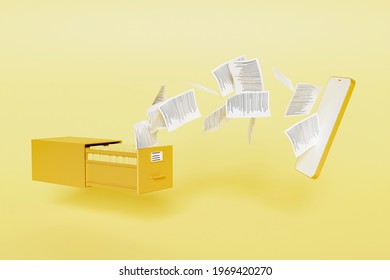 File Cabinet Full Of Folders With Papers Flying To A Modern Mobile Phone Mockup. Digital Storage Concept. Obsolescence Of Physical Documents . 3d Render