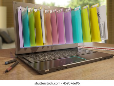 file in database - laptop with folders, 3d rendering