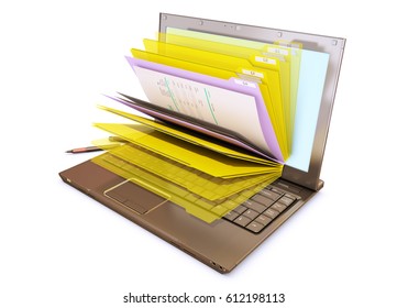 file in database - laptop with folders, 3d rendering