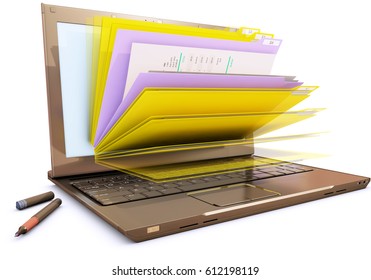 file in database - laptop with folders, 3d rendering