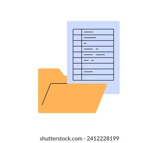 File folder with paper documents icon and business archive, files, work papers, paperwork, data report, project, accounting data, business docs flat design style minimal illustration.	

