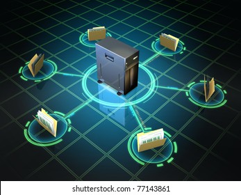 File Folders Connected To A Desktop Server. Digital Illustration.