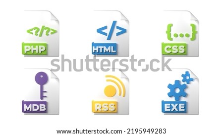 File format extensions. php, html, css, mdb, exe, rss file format programmer icons. White background. 3D Rendering