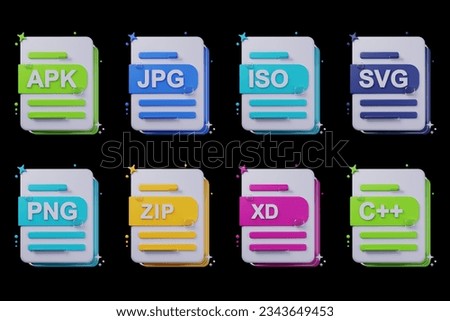 file format set of 3D illustration pack on black background. file format 3D concept. 3d rendering