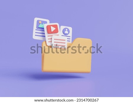 File management concept. Folder icon with paper document, Image, profile, video file. Computer folder, data storage, archive for reports, paper icon, gallery data. 3D minimal rendering illustration