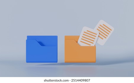 File management in folder with flying blank documents, paper icon 3d rendering