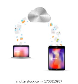 File transfer between tablet and desktop via cloud service, technology illustration on white