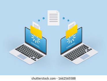 File Transfer Concept. Two Laptop Computers With Folders Send And Upload Documents. File Copy, Data Or Information Exchange Design. 