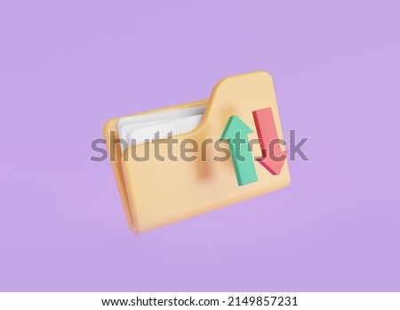 File transfer concept. Yellow folder with files and arrow. File sharing or sending document, documents management, data storage, Copy files, data exchange. 3D icon rendering illustration