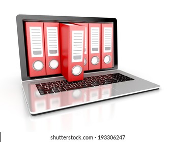 files in database - laptop with ring binders. 3d illustration isolated on white background
