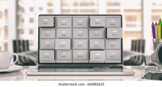 Filing archives cabinet on a laptop screen. Computer data storage and digital backup concept. 3d illustration