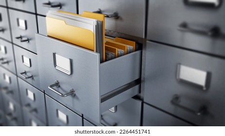 Filing cabinet with a single yellow folder in an open drawer. 3D illustration.