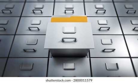 Filing cabinet with a single yellow folder in an open drawer. 3D illustration.