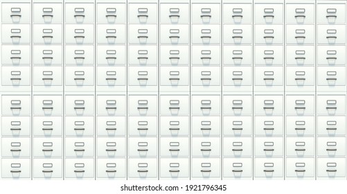 Filing cabinets background. Office document data and information archive storage, business administration concept. White metal closed drawers backdrop. 3d illustration