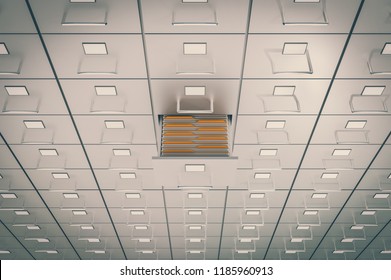 Filing cabinets with open drawer - data collection concept. 3D rendered illustration. Retro style.