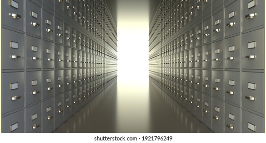 Filing cabinets storage room. Office document data and information archives, business administration concept. Metal drawers corridor. 3d illustration
