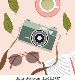 Film Camera, Tea Cup, Glasses And Note Book On The Table. Trendy Top Down View Illustration. Working From Home. Modern Minimalistic Hand Drawn Home Office Space Design For Web Card, Banner.