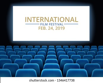 Film festival. Movie theater hall with white screen. Cinema international festival, creative cinematography hollywood entertainment festivals poster  background - Powered by Shutterstock