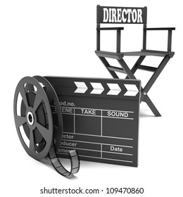 Film Industry: Directors Chair With Film Strip And Movie Clapper