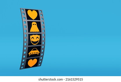 Film negative with different genres in each frame. Romantic, humor, horror and alien movie. 3d rendering with copy space and blue background. - Powered by Shutterstock