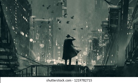 film noir concept showing the detective holding a gun to his head and standing on roof top at rainy night, digital art style, illustration painting