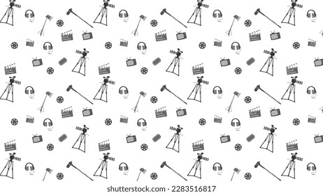 Film production object pattern include lighting, television, boom mic, clapper board, ticket cinema, headphones, camera, suitable for movie production, paper, wallpaper, graphic purposes