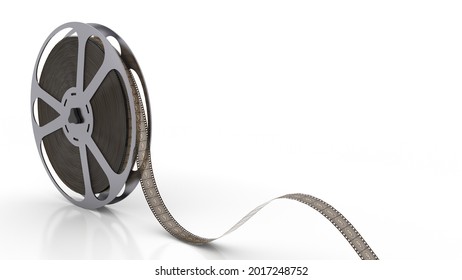 Film reel bobbin spinning on the white background. Film strip unreels with movie countdown frame sequence. 3d rendering has empty copyspace for title and titres. Filmmaking template for vlog channels.