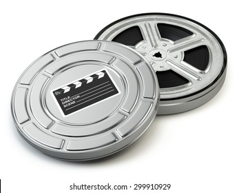 Film reel and box. Video, movie, cinema vintage concept. 3d