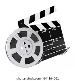 Film Reel With Cinema Tape Near Clapboard On A White Background. 3d Rendering. 