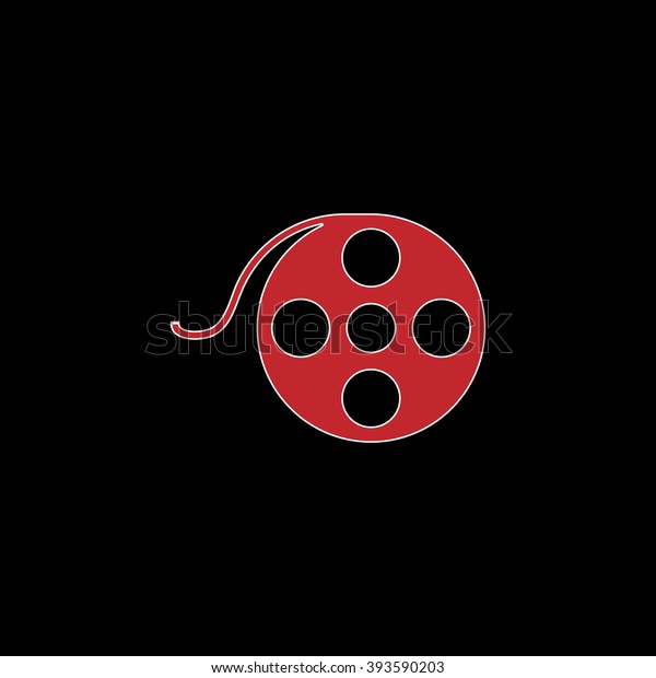 Film reel. flat symbol pictogram on\
black background. red simple icon with white\
stroke