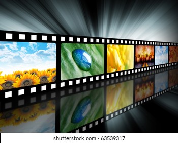 A film reel has different nature photo images on it and there is a glowing black background. Use it for a media technology concept.