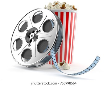 Film Reel With Popcorn Isolated On White Background. 3d Illustration