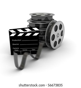 Film Slate With Movie Film Reel. 3d Rendered Image